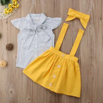 Pudcoco Toddler Baby Girl Apģērbu Lidot Piedurknēm Polka Dot Bowknot Krekls Topi Starp Svārki ar Lencēm ap Galvu stiprināmas 3Pcs Tērpiem Modes Komplekts