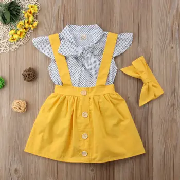 Pudcoco Toddler Baby Girl Apģērbu Lidot Piedurknēm Polka Dot Bowknot Krekls Topi Starp Svārki ar Lencēm ap Galvu stiprināmas 3Pcs Tērpiem Modes Komplekts