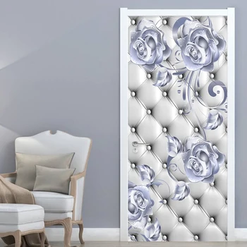 PVC Pašlīmējošas Ūdensizturīgs Durvju Uzlīmes 3D Stereo Sudraba Ziedi Mīksta Roll Sienas Mūsdienu Mākslas Durvīm Plakāts 3D Guļamistabas Durvīm Decal