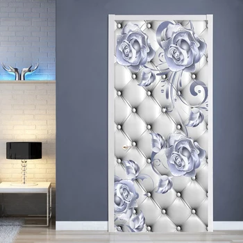 PVC Pašlīmējošas Ūdensizturīgs Durvju Uzlīmes 3D Stereo Sudraba Ziedi Mīksta Roll Sienas Mūsdienu Mākslas Durvīm Plakāts 3D Guļamistabas Durvīm Decal