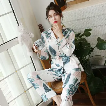 Queenral 2 GAB Zīda Satīna Sieviešu Pidžamas Komplekts Sleepwear Long Sleeve Bikses Apakšveļa Homewear Pijamas Sievieti Mājās Atbilstu Drukas