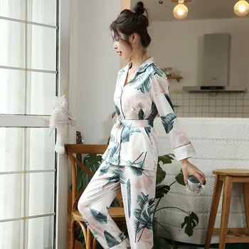 Queenral 2 GAB Zīda Satīna Sieviešu Pidžamas Komplekts Sleepwear Long Sleeve Bikses Apakšveļa Homewear Pijamas Sievieti Mājās Atbilstu Drukas