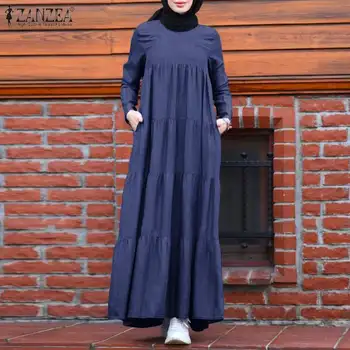 Retro Atbalsta Mubarek Musulmaņu ZANZEA Modes Dubaija Abaya Rudens Turcija Kleita, Hijab Kaftan Caftan Islāmu Apģērbs, Sieviešu Drēbes Femme