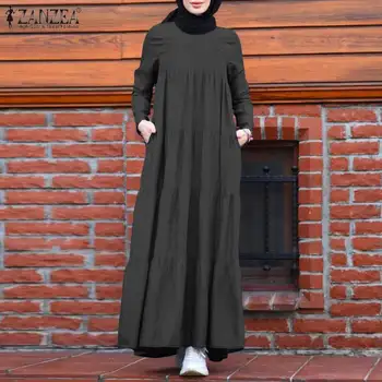 Retro Atbalsta Mubarek Musulmaņu ZANZEA Modes Dubaija Abaya Rudens Turcija Kleita, Hijab Kaftan Caftan Islāmu Apģērbs, Sieviešu Drēbes Femme