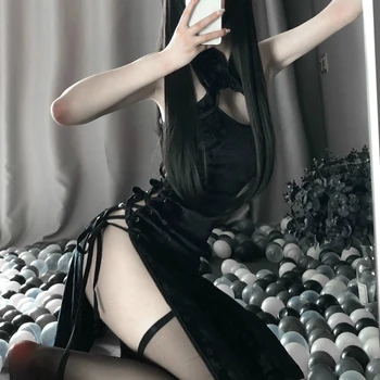 Retro Cheongsam Nightgowns Sieviete Patīk Dzīvot Cosplay Kostīmu Erotiska Anime Sexy Apakšveļa Kleitu Mežģīnes Apģērbs Iedomātā Slim Vienotu