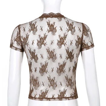 Rockmore Brūna, Caurspīdīga Sieta Tshirt Sievietes Mežģīnēm Līdz Jaciņa Topi Y2K Īsām Piedurknēm t-veida Krekli Streetwear Vasaras Sexy T-krekls