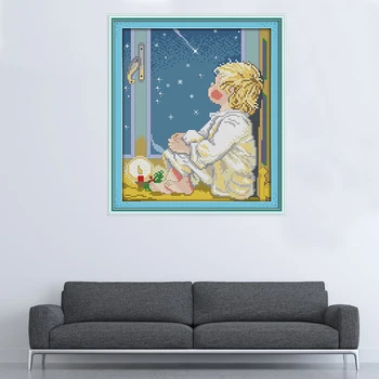 Rokdarbi,DIY DMC Cross stitch,Komplekti Izšūšanas komplekti, Eņģelis apskatīt zvaigznes Modeļus Krustdūrienā krāsošana sienas, mājas dekoru