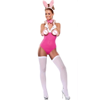 Rozā Sexy Bunny Girl Kostīmu Atvērt Krūtis Teddy Bodysuit Iedomātā Kleita Sievietēm Lieldienām Halloween Kostīmi Trušu Cosplay Vienotu