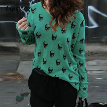 Rudens Ar Garām Piedurknēm Galvaskausa Drukāt Adīt Džemperis Vintage Sievietēm, O-Veida Kakla Zaudēt Plus Lieluma Top Džemperis Elegantas Dāmas Streetwear Džemperi