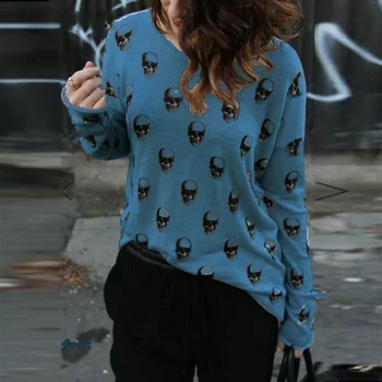 Rudens Ar Garām Piedurknēm Galvaskausa Drukāt Adīt Džemperis Vintage Sievietēm, O-Veida Kakla Zaudēt Plus Lieluma Top Džemperis Elegantas Dāmas Streetwear Džemperi
