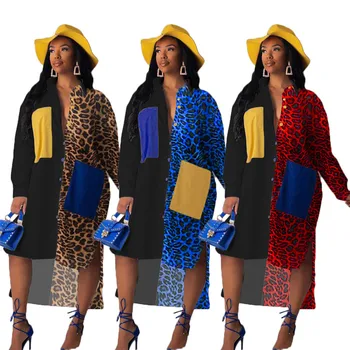 Rudens Krekls ar garām Piedurknēm Kleita Sievietes, Savukārt-Apkakle Zaudēt Gadījuma Kleita Leopards Daudzām Kabatām Streetwear Lielgabarīta Kleita