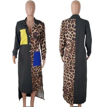 Rudens Krekls ar garām Piedurknēm Kleita Sievietes, Savukārt-Apkakle Zaudēt Gadījuma Kleita Leopards Daudzām Kabatām Streetwear Lielgabarīta Kleita