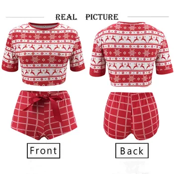 Rudens Ziemassvētku Drukāt Tērpi Sieviešu Modes O Apkakli, Īsām Piedurknēm Kultūraugu Top+Seksīgas Bikses 2 Gabals Komplekti Ziemassvētku Pidžamu Tērpiem