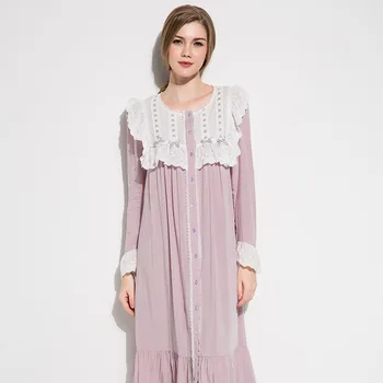 Rudenī Sieviešu Princese Nightgowns garām Piedurknēm Kokvilnas Plānas, Gaiši Purpura Karaļa Sleepwear Pavasara 1116