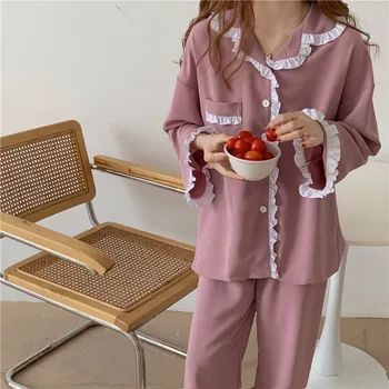 Ruffles rozā pidžamas komplekts gadījuma zaudēt rudenī, mājas tērps, krekls ar garām piedurknēm pidžamas bikses sleepwear 2 gabals, kas lounge valkāt Y147