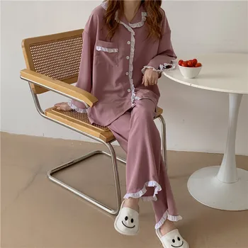Ruffles rozā pidžamas komplekts gadījuma zaudēt rudenī, mājas tērps, krekls ar garām piedurknēm pidžamas bikses sleepwear 2 gabals, kas lounge valkāt Y147