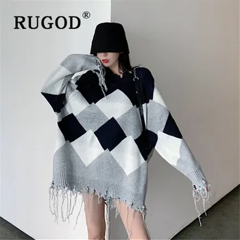 RUGOD Women 's Džemperis korejiešu Stilā Vintage Contras Krāsu Dimanta Pušķis Trikotāžas Džemperis Gadījuma Dāma Pūkainu Džemperi 2019