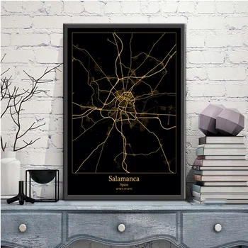 Salamanca, Spānija Black&Gold Pilsētas Gaismas Custom Maps Pasaules Pilsētas Karte, Plakātus, Kanvas Izdrukas, Ziemeļvalstīm Sienas Mākslas Mājas Dekoru
