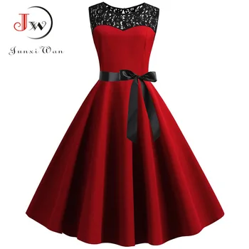 Sarkanā Elegants Puse Kleita Sievietēm Vasarā Mežģīnes Vintage Kleita Vestidos 50s 60s Rockabilly Šūpoles Kleitu Gadījuma Plus Izmērs Midi Kleitas