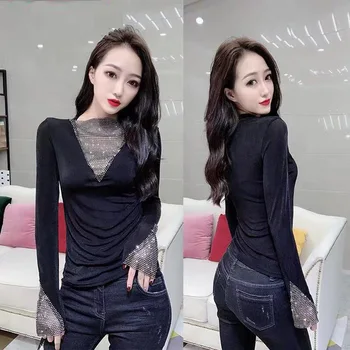 Seksīga Melnā Bodycon Diamond Stud Sieviete Topi Rudens ziemas Harajuku Kpop korejiešu Stilā Sieviete Top Apģērbs Streetwear