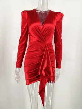 Seksīga Sarkana Satīna Puff garām piedurknēm Bodycon Kleita sievietēm vasarā Elegants zīda rudens klubs puse Kleita wrap Reizes Mini Kleitas Vestidos
