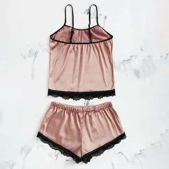 Sexy Sievietes cieta Satīna ar Zīda Mežģīnēm Sleepwear Mežģīņu Ziedu Piedurknēm Apakšveļa, Topi+Naktsveļu Bikses Sieviešu Pidžamas Komplekti#G3