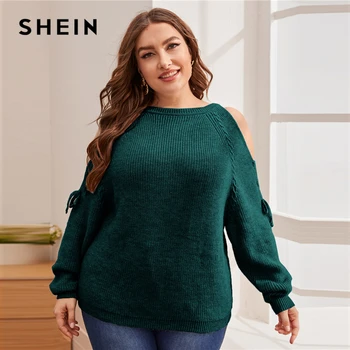 SHEIN Plus Lieluma Mežģīnes Up Pusē Auksti Plecu Džemperis Sievietēm Pavasara Apaļu Kakla Reglāns Piedurknēm Izgriezt Topi Cieta Gadījuma Džemperi