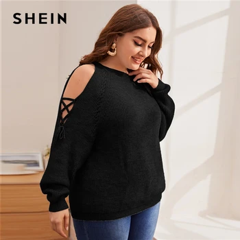 SHEIN Plus Lieluma Mežģīnes Up Pusē Auksti Plecu Džemperis Sievietēm Pavasara Apaļu Kakla Reglāns Piedurknēm Izgriezt Topi Cieta Gadījuma Džemperi