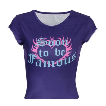 Shestyle Vēstuli Sirds Drukāt O-veida kakla Violeta T-krekls 2020. gada Vasaras Ruffles Tiny Izdilis Nabas Tukša Streetwear Apgriezta, Tops Sievietēm