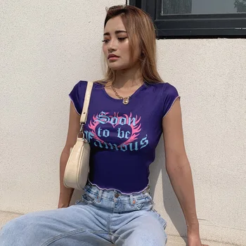 Shestyle Vēstuli Sirds Drukāt O-veida kakla Violeta T-krekls 2020. gada Vasaras Ruffles Tiny Izdilis Nabas Tukša Streetwear Apgriezta, Tops Sievietēm