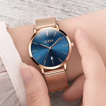 Sieviete Skatīties 2018 Luksusa Zīmolu Sieviešu Rose Gold Nerūsējošā Tērauda Pulksteņi Auto Datumu, Ultra plānas Kvarca Rokas pulksteni Dāmas Skatīties Blue