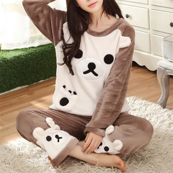 Sievietes Silts Flaneļa Apaļu Kakla Pidžamas Komplekts Cute Sedz Mīksts Rudens Ziemas Sleepwear