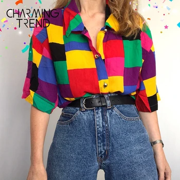 Sieviešu Blūze Top Ģeometriskiem rakstiem Krāsains Harajuku Preppy Meitenēm Vintage Krekls Streewear Vasaras Sievietēm Vaļīgas Drēbes