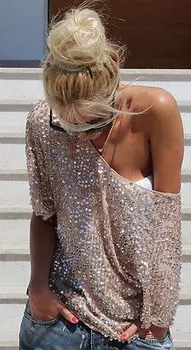 Sieviešu Blūzes Jaunas Ielidošanas Modes 2018. Gada Pavasarī Sexy Stilu Off Būtu garām Piedurknēm Sequin Spīdīgu Dāmas Krekls Zelta blūze Top Oficiālu