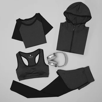 Sieviešu jogas 4 gabals, kas jakas kapuci + sexy krūšturis + krekls, bikses, fitnesa bikses, sporta zāle, āra sporta apģērbu darbojas uzvalku komplekti