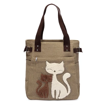 Sieviešu messenger somas audekls maiss ar gudrs kaķis mazo iepirkumu pleca soma Haki