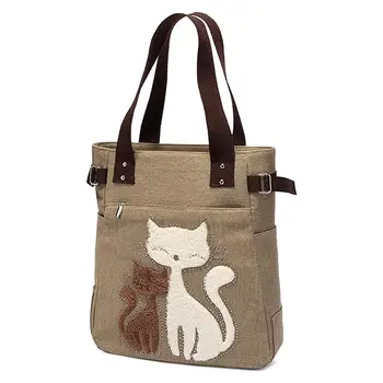 Sieviešu messenger somas audekls maiss ar gudrs kaķis mazo iepirkumu pleca soma Haki