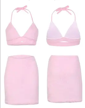 Sieviešu Rozā Krāsas Pūkains Divas Gabals, kas bez Piedurknēm Bralette Crop topi un Mini Svārki Komplekti 2gab Tērpiem 2 gabals, kas atbilstības Komplekti