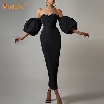 Sieviešu Rudens Sexy Pie Pleca Puff Sleeve Black Rozā Midi Kleitu 2020. Gadam Elegants Bodycon Elegantas Vakara Puse Kleita Vestidos