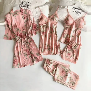 Sieviešu Satīna Kāzu Sleepwear Uzvalks Pavasara Mežģīnes Apdari Pidžamas Pyjama Uzstādīt Ziedu Naktsveļu Ikdienas Mājas Apstākļos, Apakšveļa, Uzvalks