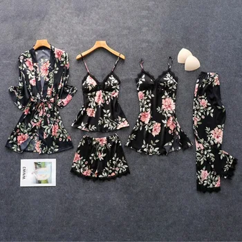 Sieviešu Satīna Kāzu Sleepwear Uzvalks Pavasara Mežģīnes Apdari Pidžamas Pyjama Uzstādīt Ziedu Naktsveļu Ikdienas Mājas Apstākļos, Apakšveļa, Uzvalks