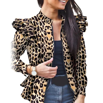 Sieviešu Stilīgs Garām Piedurknēm Leopard Maskēties Zip Mežģīņu Apakšmalu Slim Jaka, Mētelis