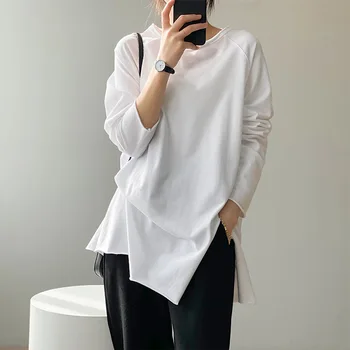 Sieviešu T-krekls 2021. gada Pavasarī Jaunu Zaudēt garām Piedurknēm Balts Melns T-krekls korejiešu Versija vienkrāsainu Modes Brīvā laika Sieviešu Lakrosa Augšu
