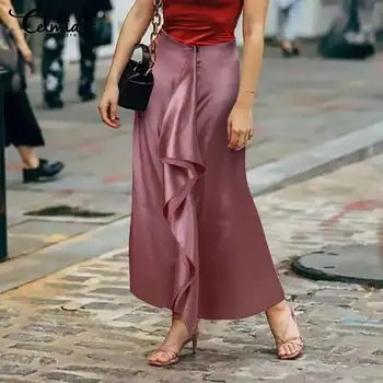 Sieviešu Vasaras Svārki korejiešu Stilā Satīna Vintage Gari Svārki Celmia Modes Pusei Birojs Svārki Gadījuma Cietā Asimetriski Svārki