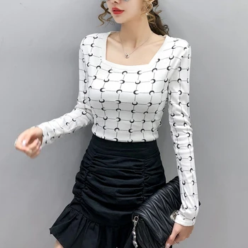 Sieviešu Vintage Iespiests T Krekli 2020. Gadam, Modes Garām Piedurknēm Baltā Melnā Dāmas Topi Korejas Apģērbs Ziemas Slim, Sexy Pamata Tshirt