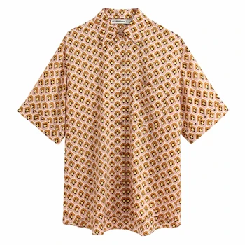 Sieviešu vintage ģeometriskā drukāt kabatas plāksteris kimono blūze ar īsām piedurknēm ikdienas krekls biroja dāma femininas blusas šiks topi LS6435