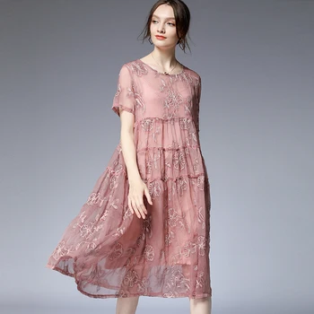 Sieviešu zaudēt raibs Izšūti divdaļīga kleita ar īsām piedurknēm apkalpes kakla lielo izmēru modes Eleganta kleita rozā Skatīt caur kleitu