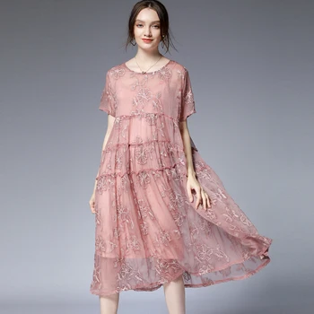 Sieviešu zaudēt raibs Izšūti divdaļīga kleita ar īsām piedurknēm apkalpes kakla lielo izmēru modes Eleganta kleita rozā Skatīt caur kleitu