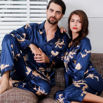 Sieviešu Zīda Satīna Pidžamas Komplekts 2gab Pilnu Piedurknēm Top Bikses Ķīniešu Stilā Jaunais Gads Pūķa Drukāt Lounge Vīriešu Pāris ir Pidžamas PJs