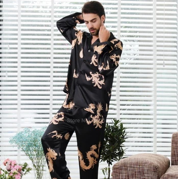 Sieviešu Zīda Satīna Pidžamas Komplekts 2gab Pilnu Piedurknēm Top Bikses Ķīniešu Stilā Jaunais Gads Pūķa Drukāt Lounge Vīriešu Pāris ir Pidžamas PJs